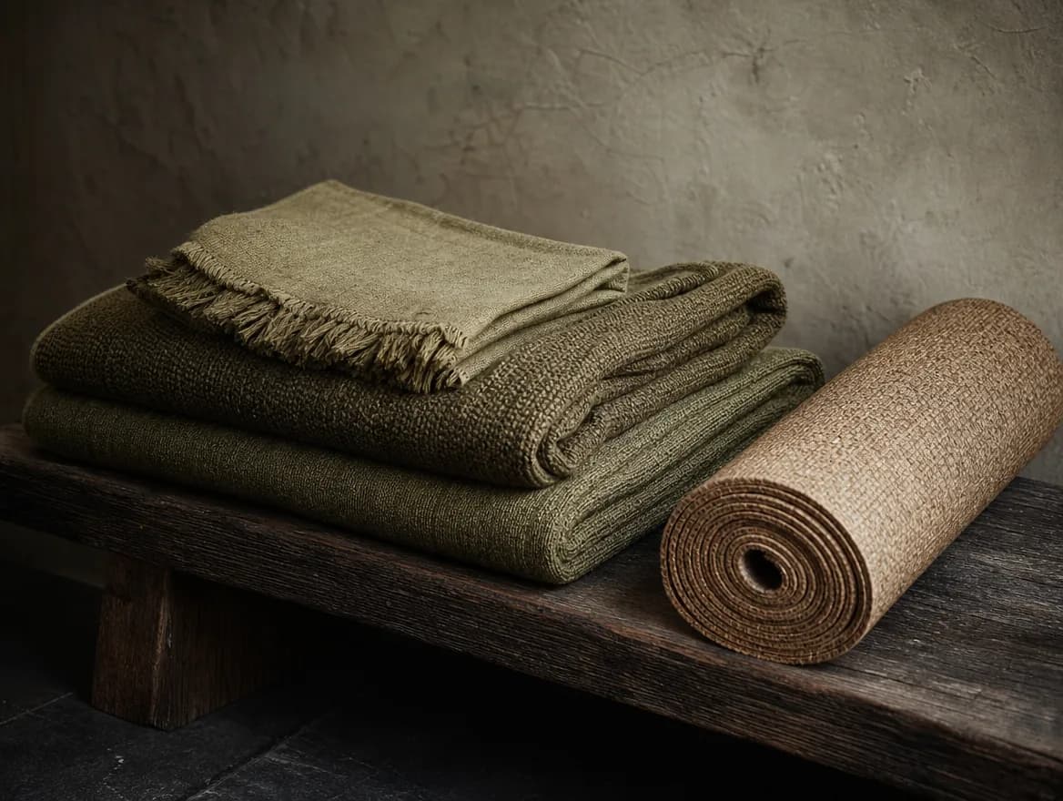 Folded olive-sage textiles on a low dark timber bench beside a rolled mat.