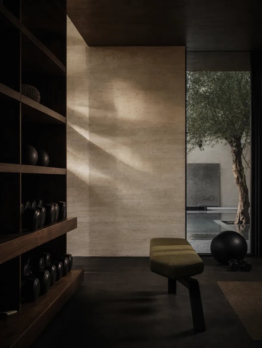 The Holland Park Suite: matte black dumbbells on walnut racks beside a limestone wall in morning light.