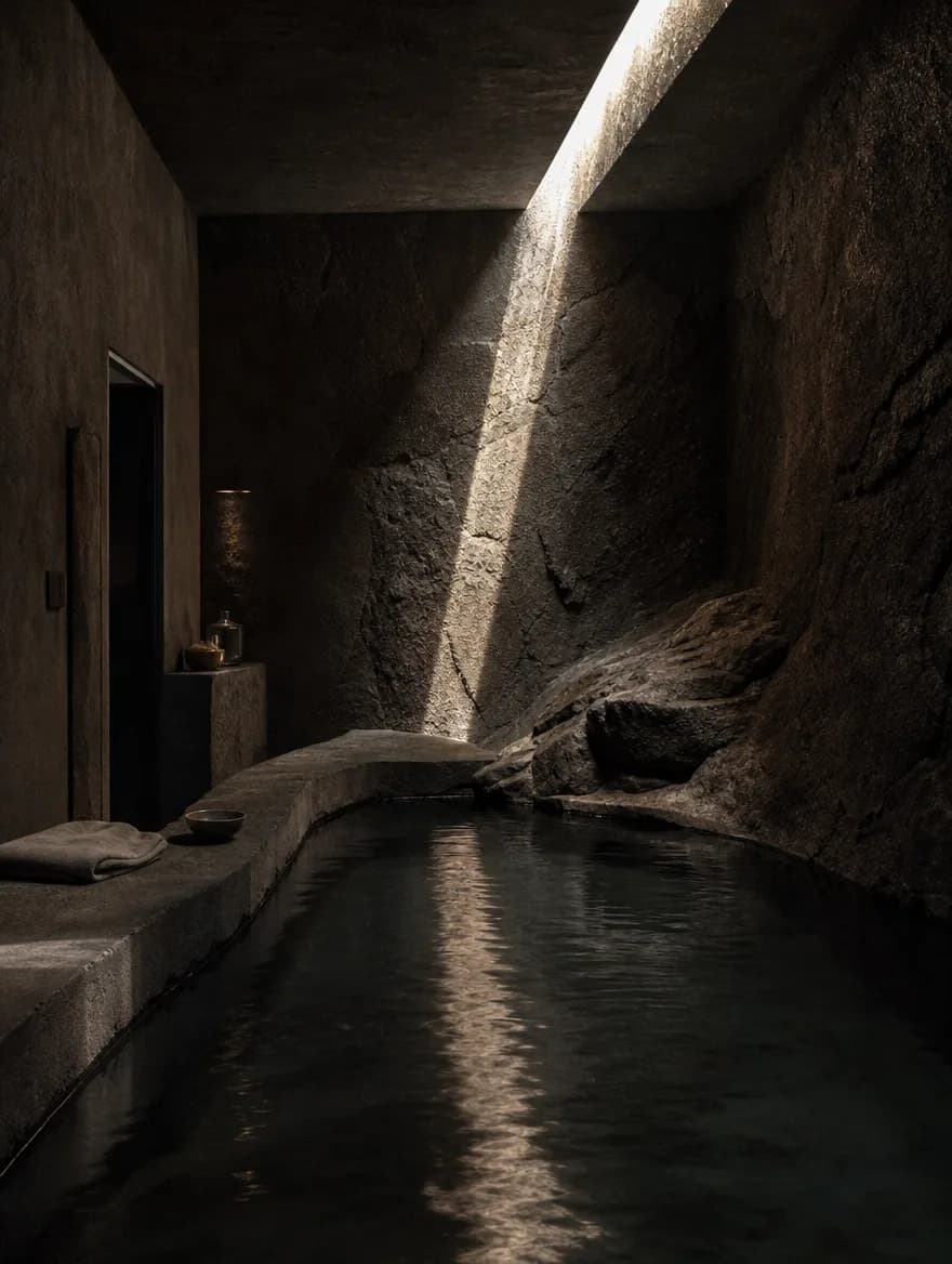 The Katara Stone Spa: a blade of light across dark basalt above a still stone pool.