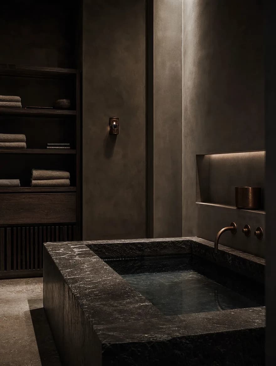 The Marylebone Recovery Atelier: a cold plunge in honed dark stone with aged bronze fixtures.