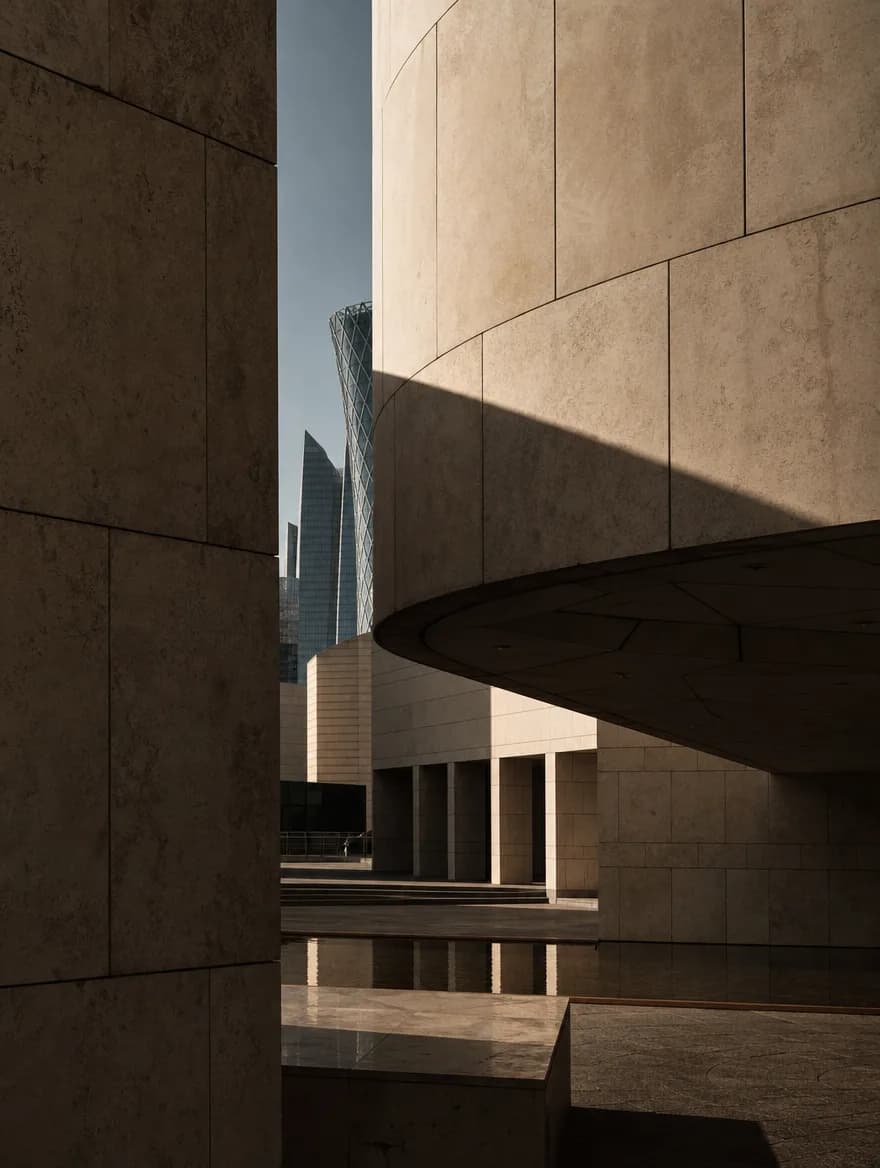 Abstract architectural geometry in Doha under low sun, stone and shadow.