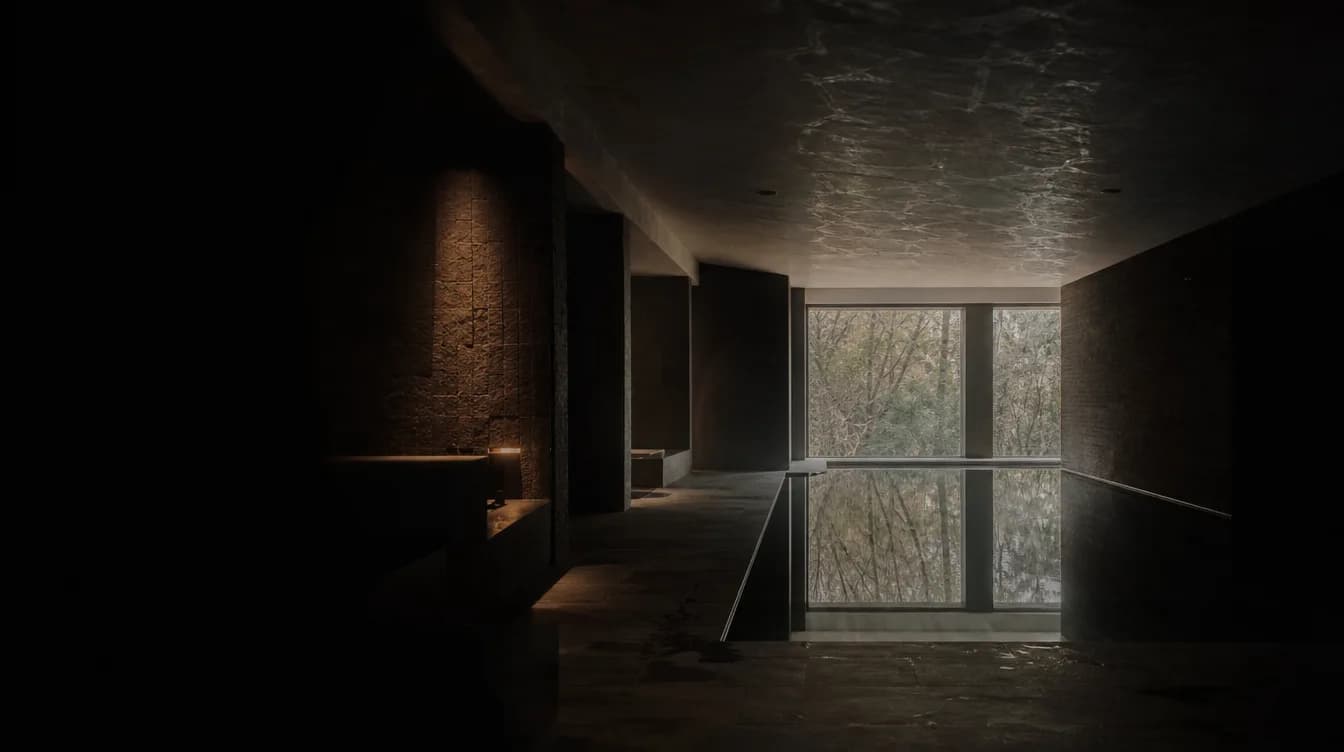 A nearly dark frame of faint morning light and a pool reflection on a stone ceiling.