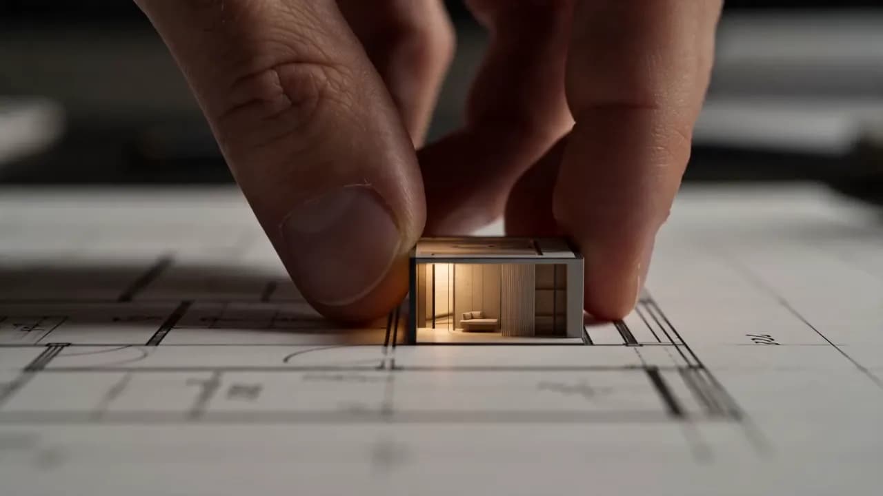 An architect's pencil drawing a precise line that becomes a real line of light inside a finished interior.