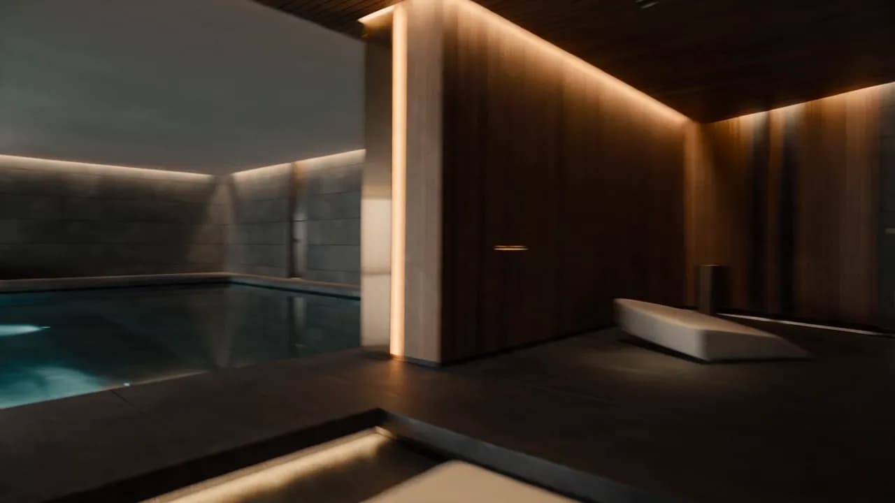 One continuous camera movement through a dark hotel wellness floor, corridor flowing into spa, pool, and fitness space.