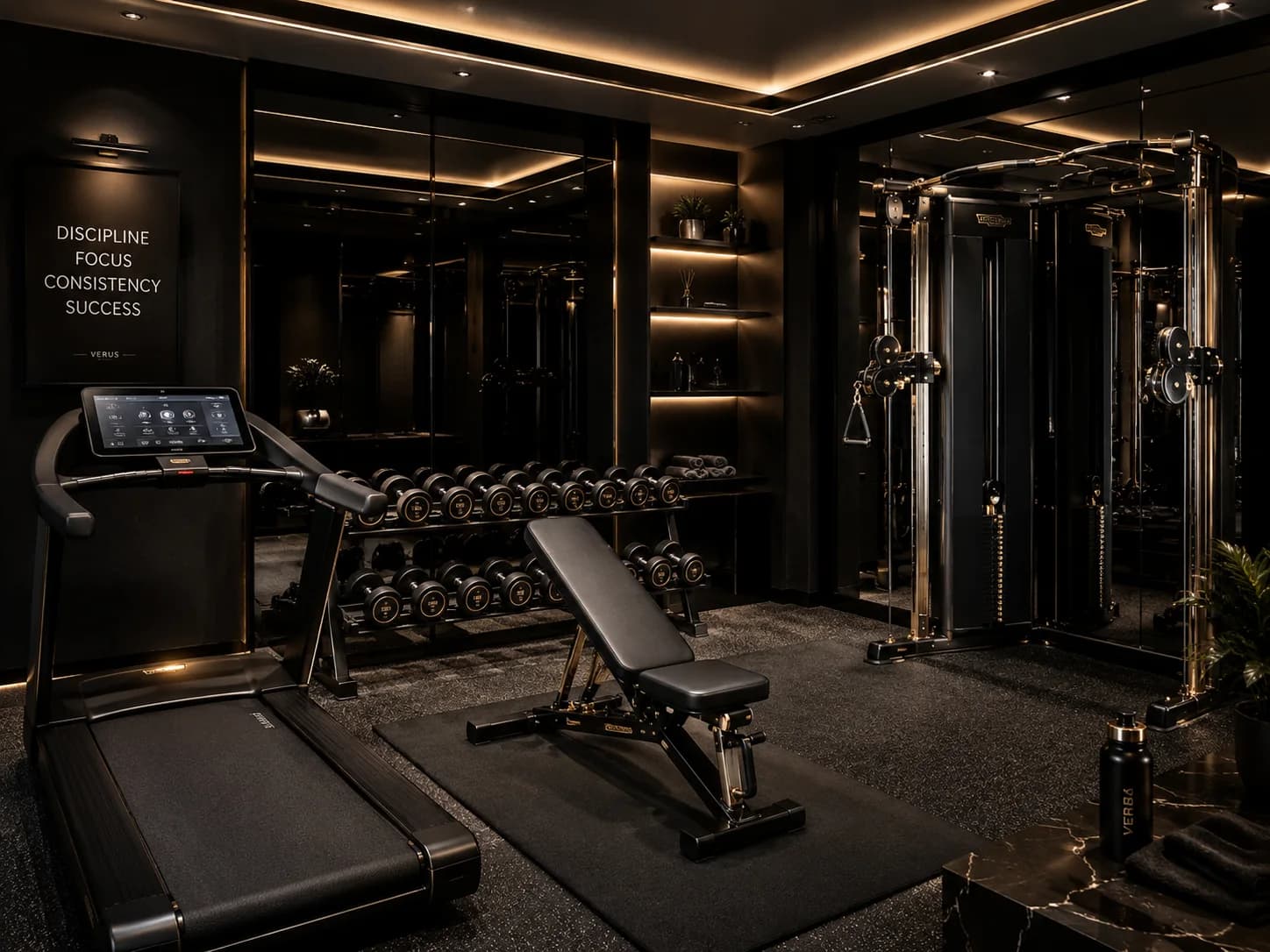The Msheireb townhouse gym as delivered: a black training room with brass detailing, mirrors, and concealed light.