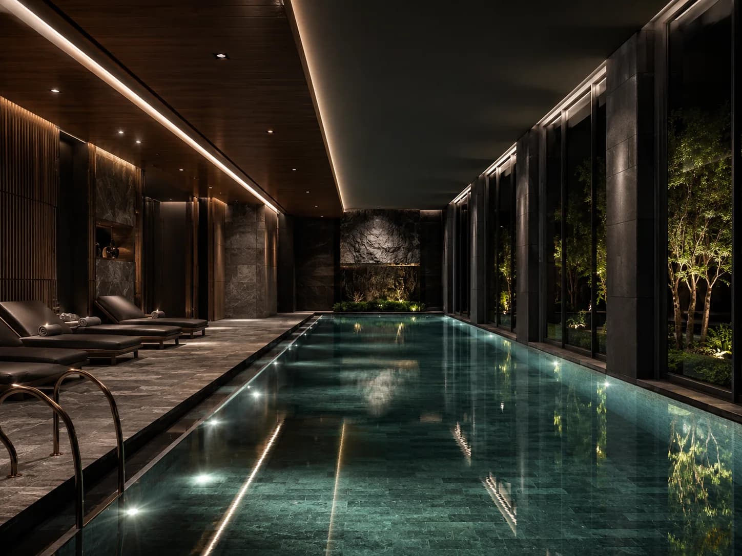 The Nightfall Lap Pool as delivered: still lit water, dark stone, loungers, and a planted courtyard beyond the glass.