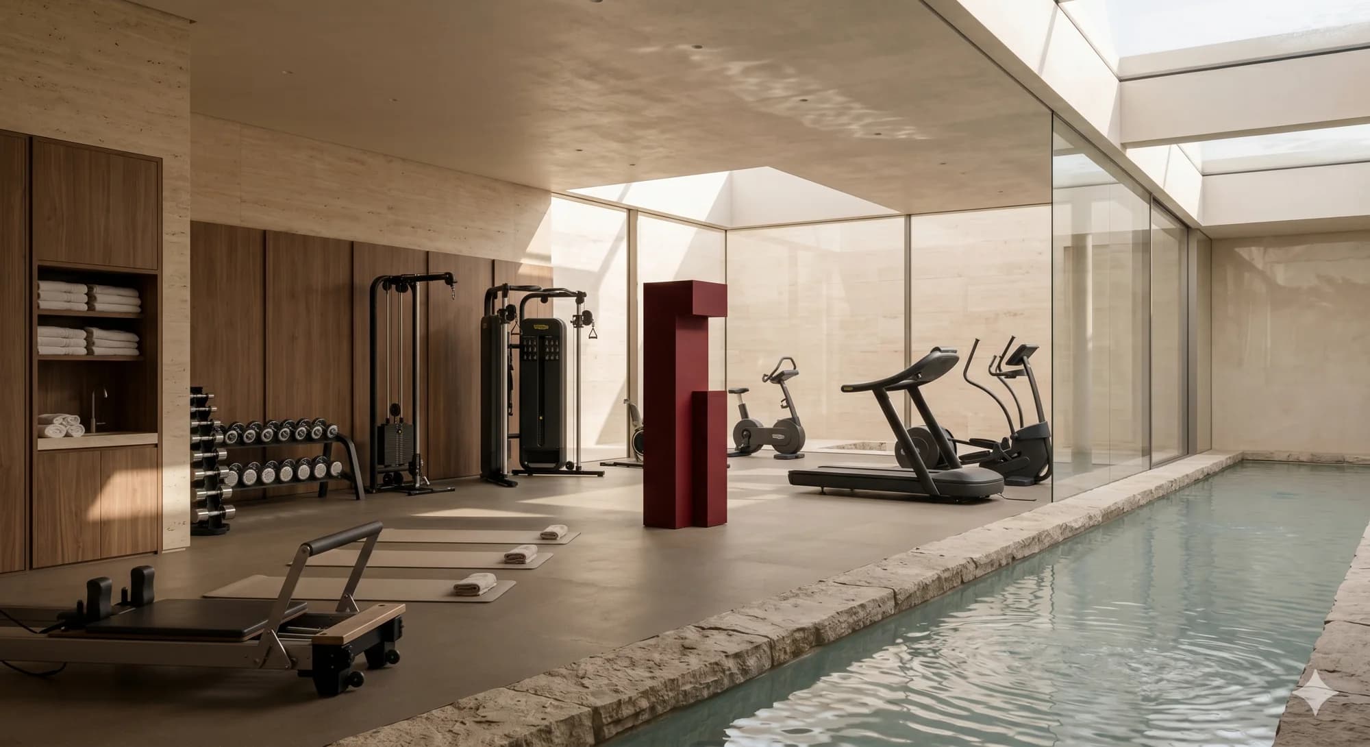 The Pearl pool pavilion as delivered: a daylit training floor beside a still indoor pool under a skylight.
