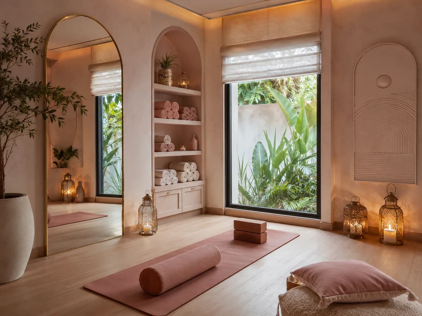 The Yoga Alcove as delivered: warm blush plaster, arched niches with folded towels, lanterns, and a mat laid in soft light.