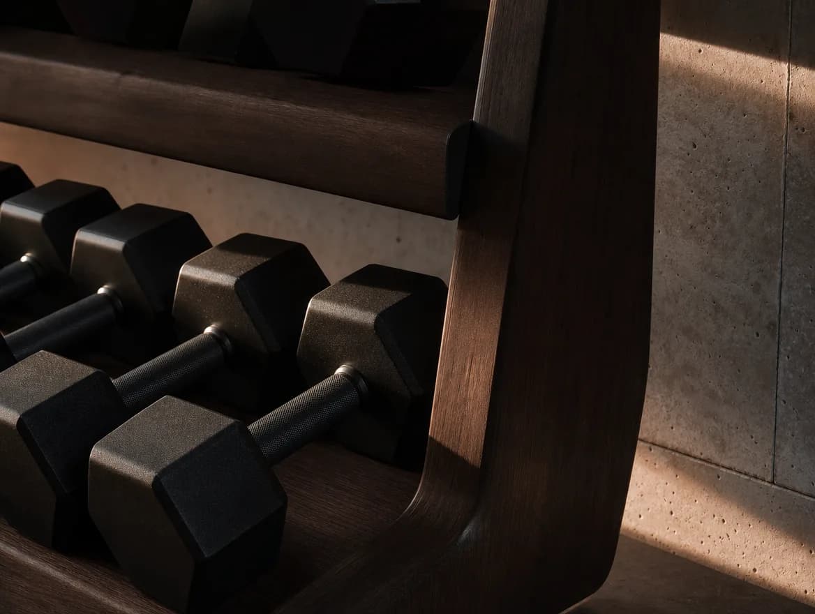 Matte black dumbbells on a dark walnut wall rack in low morning light.