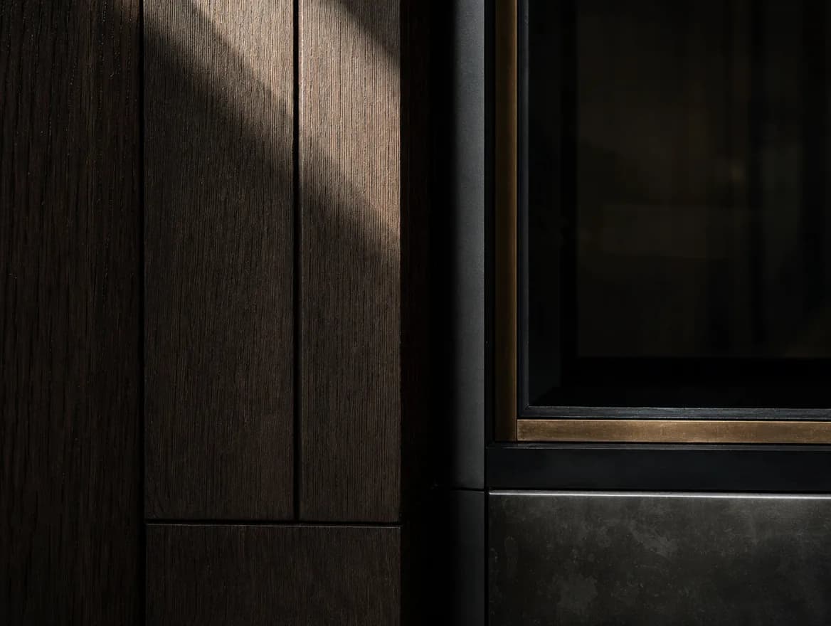 Dark oak panelling meeting a matte black steel frame with a bronze inlay.