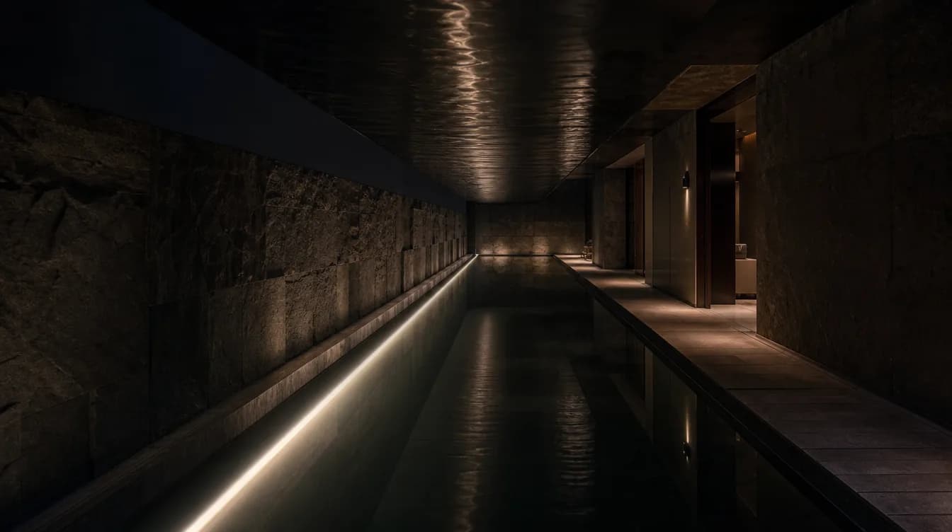 The lap pool seen along its length, one warm light line under still black water.